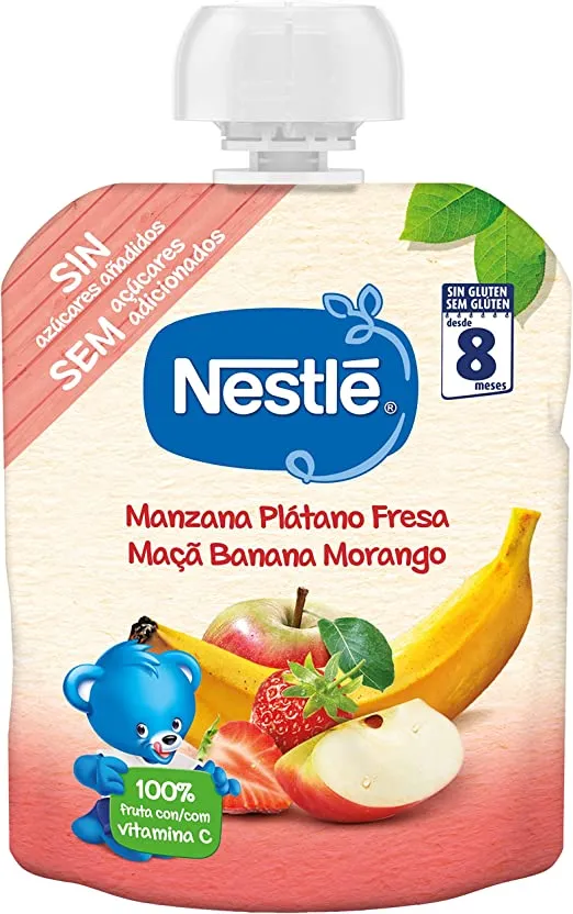 Nestlé Puré Manzana, Plátano y Fresa, a partir de los 8 meses Pack 16 bolsitas 90g