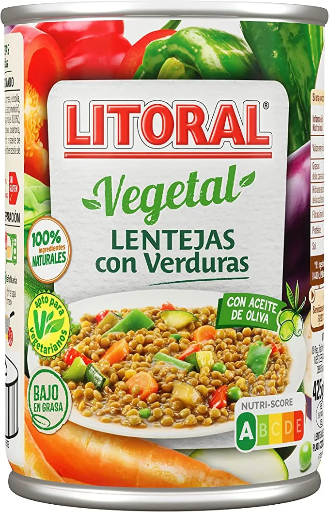 Litoral Vegetal Lentejas con Verduras – Plato Preparado Sin Gluten – Paquete de 10x425g – Total: 4,25kg
