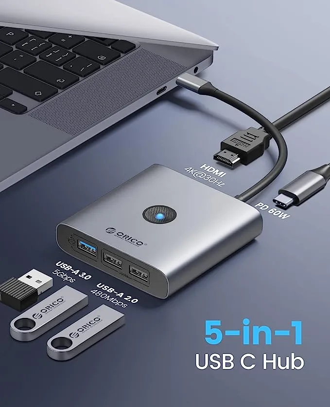 Orico Hub USB-C de 5 puertos (HDMI 4K@30Hz, 2 USB-A 2.0, 1 USB-A 3.0, PD 60W)
