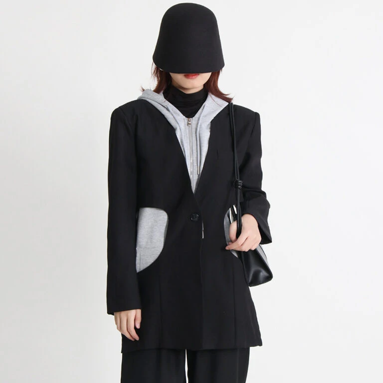 TWOTWINSTYLE Patchwork colorblock blazer for women hooded collar long sleeve casual female korean fashion new 2022 style