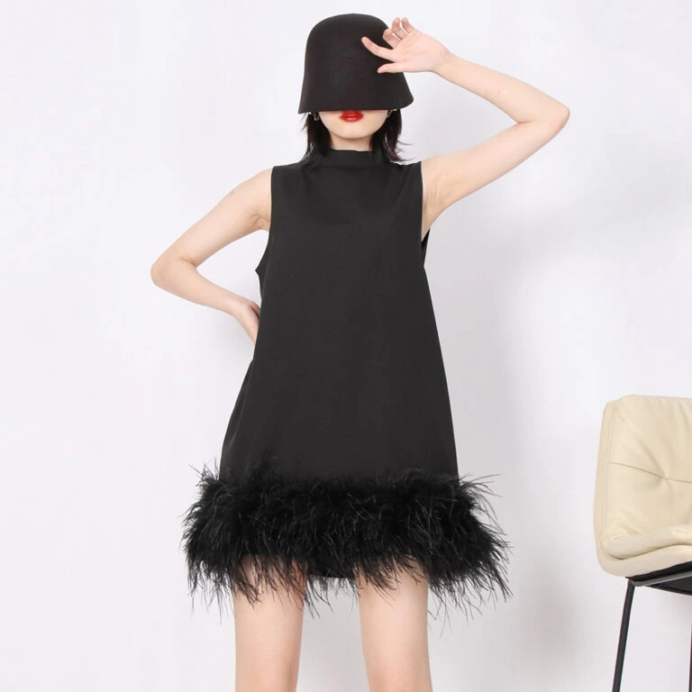 TWOTWINSTYLE Patchwork feathers dress for women round neck sleeveless solid minimalist mini female clothing summer