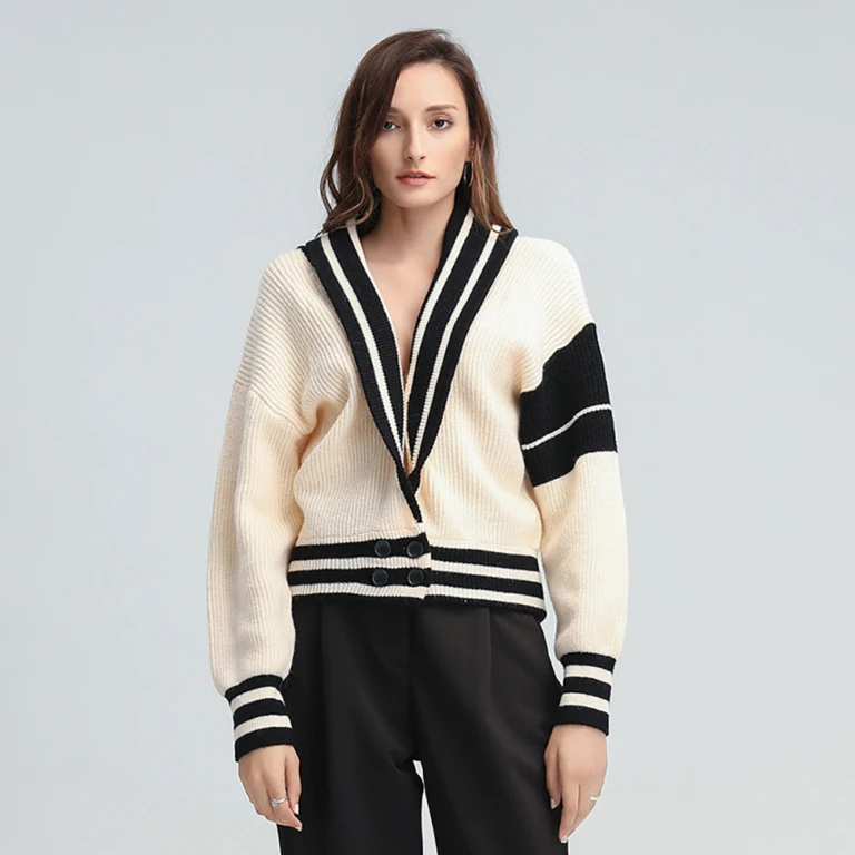 TWOTWINSTYLE Patchwork striped knitting cardigan for women V neck long sleeve hit color loose sweaters female clothing new
