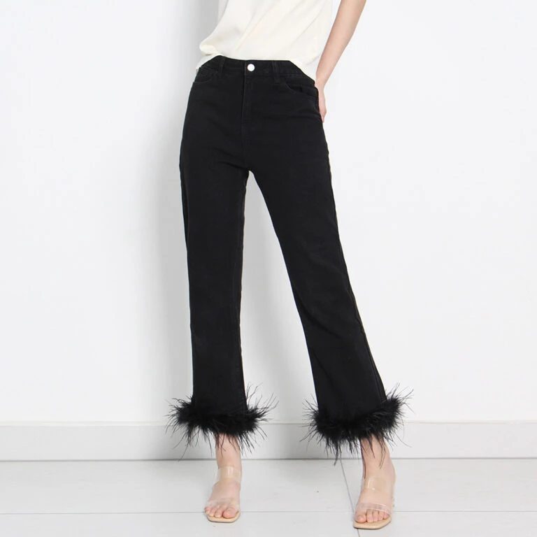 TWOTWINSTYLE Patchwork feathers black denim pants for women high waist long straight jeans female korean fashion clothing style