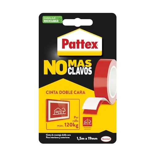 Pattex No Más Clavos Cinta, cinta adhesiva para aplicaciones permanentes, cinta de doble cara extrafuerte, adhesivo de montaje para interior y exterior, 19 mm x 1,5 m