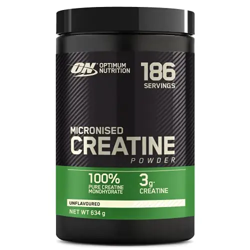 OPTIMUM NUTRITION Creatina en Polvo Micronizada, Polvo de Monohidrato de Creatina 100 % Puro para Rendimiento y Potencia Muscular, Batido de Proteínas sin Sabor, 186 Porciones, 634 g