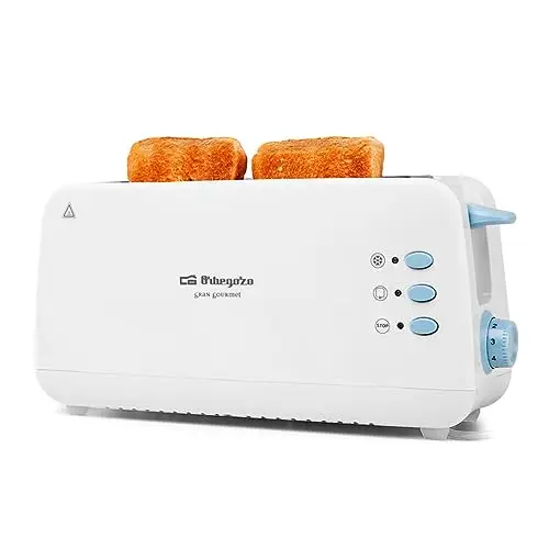 Orbegozo TO 4012 – Tostadora de ranura larga, calienta panecillos, 7 niveles de tostado, función descongelación y recalentamiento, bandeja recogemigas, 850 W, Color Blanco