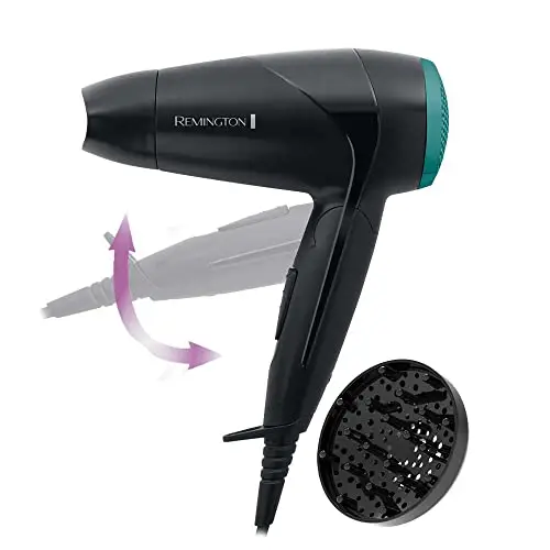 Remington Secador de Pelo Pequeño Compacto, Secador de Viaje, Plegable, óptimo Gimnasio, Concentrador, Difusor Compacto, Caudal 60km/h, 3 Temperaturas, 2 Velocidades, Gancho Para Colgar – D1500