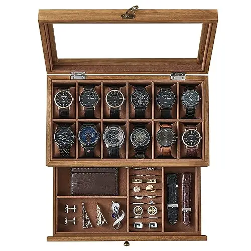 Caja de Relojes SONGMICS 12 Ranuras, Estuche de Madera con Tapa de Cristal